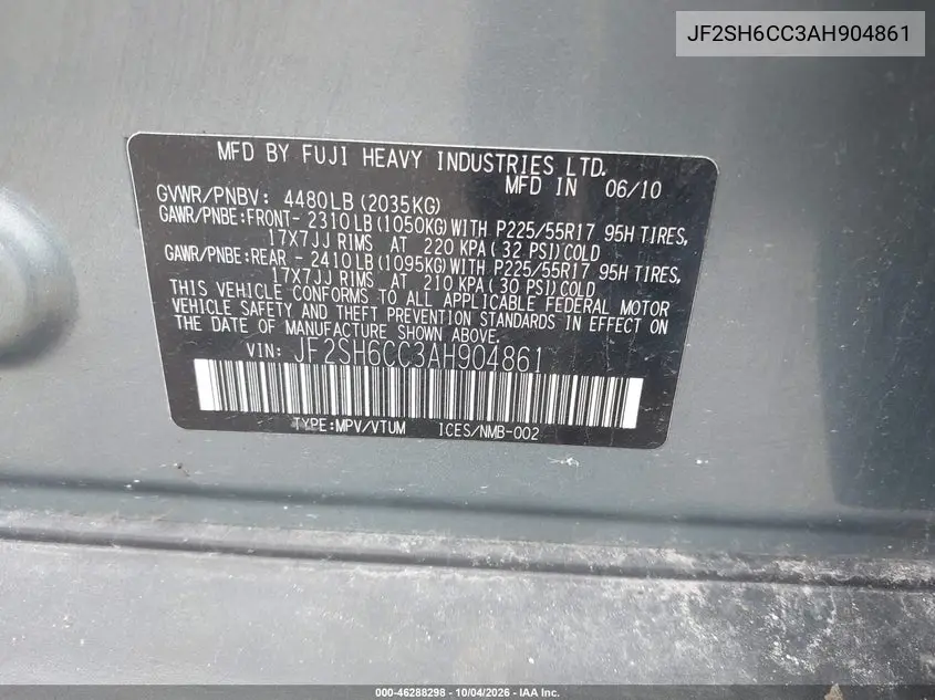 2010 SUBARU FORESTER VIN JF2SH6CC3AH904861 — фото 9