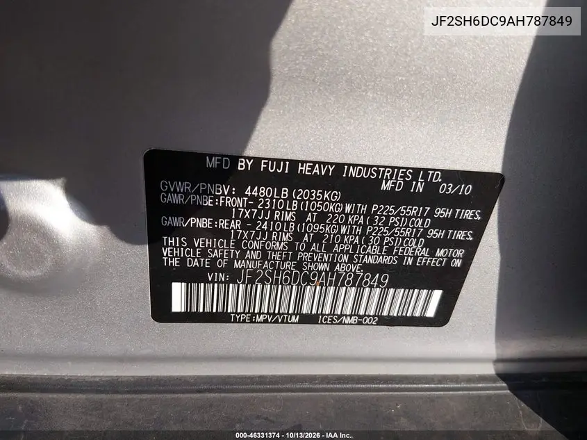 2010 SUBARU FORESTER VIN JF2SH6DC9AH787849 — фото 9