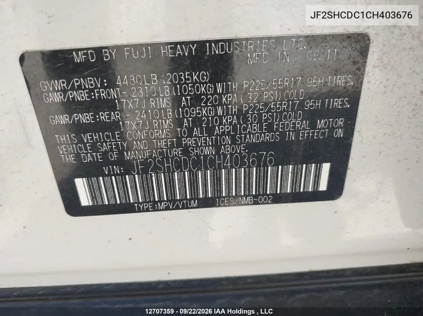 2012 SUBARU FORESTER VIN JF2SHCDC1CH403676 — фото 9