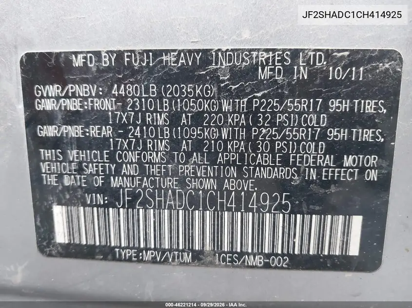 2012 SUBARU FORESTER VIN JF2SHADC1CH414925 — фото 9