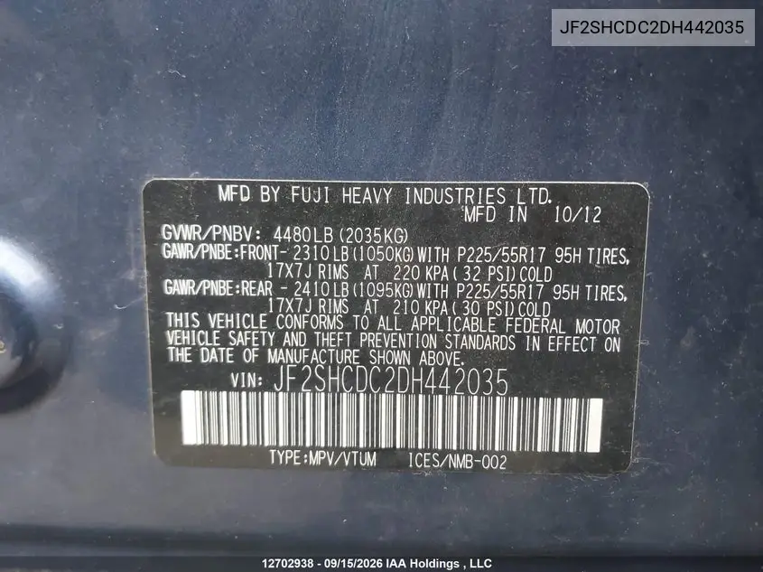2013 SUBARU FORESTER VIN JF2SHCDC2DH442035 — фото 20