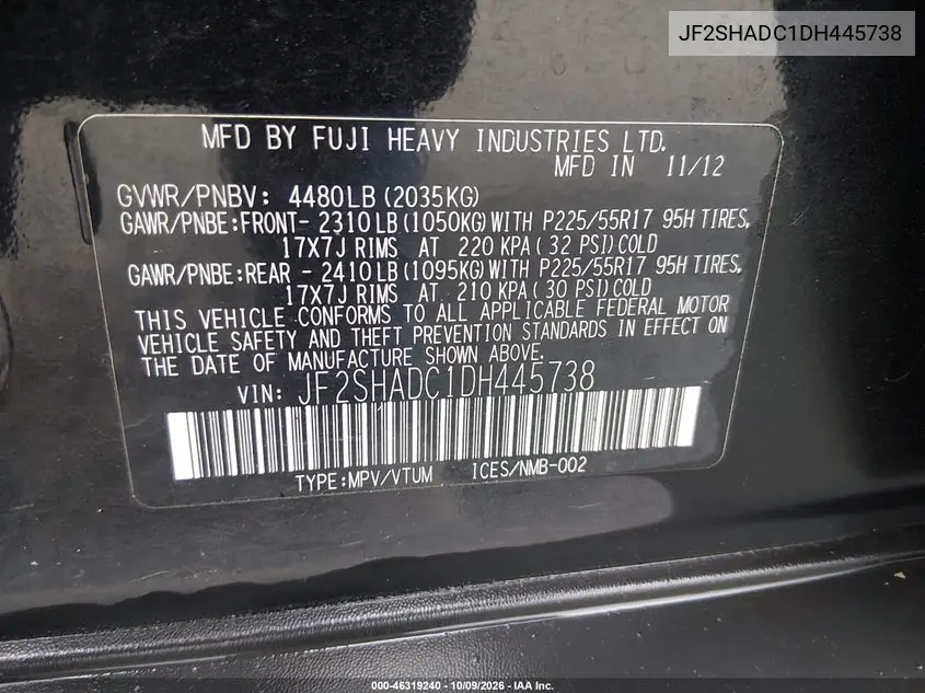 2013 SUBARU FORESTER VIN JF2SHADC1DH445738 — фото 9