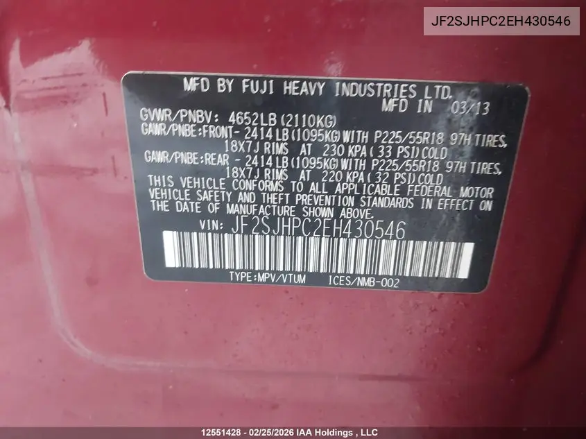 2014 SUBARU FORESTER VIN JF2SJHPC2EH430546 — фото 9