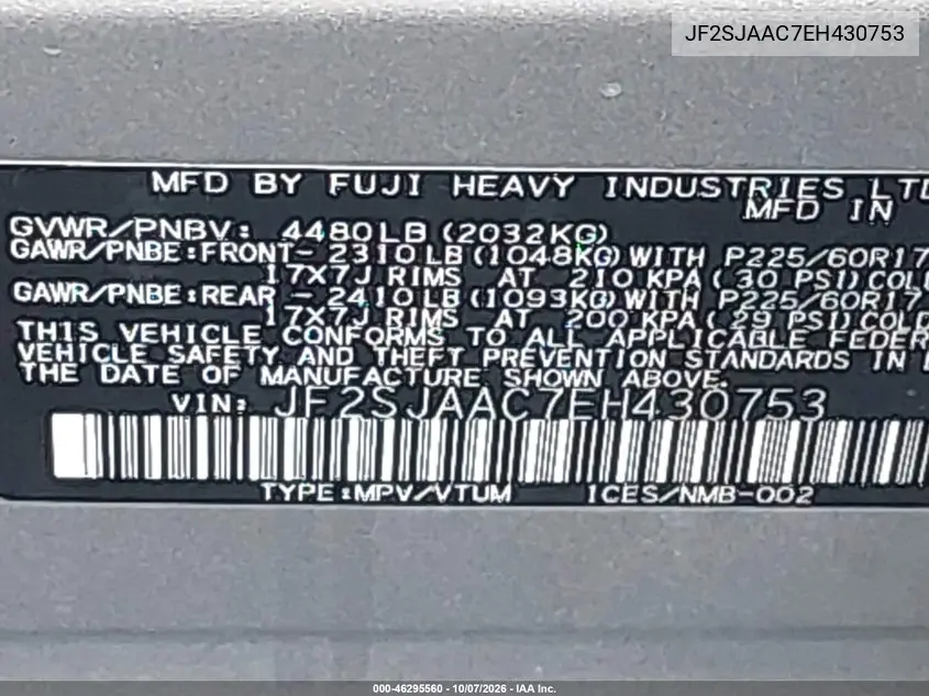 2014 SUBARU FORESTER VIN JF2SJAAC7EH430753 — фото 9
