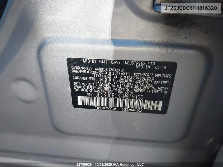 2015 SUBARU FORESTER VIN JF2SJCBC6FH816320 — фото 9