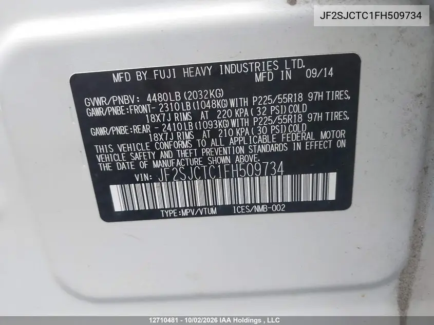 2015 SUBARU FORESTER VIN JF2SJCTC1FH509734 — фото 9