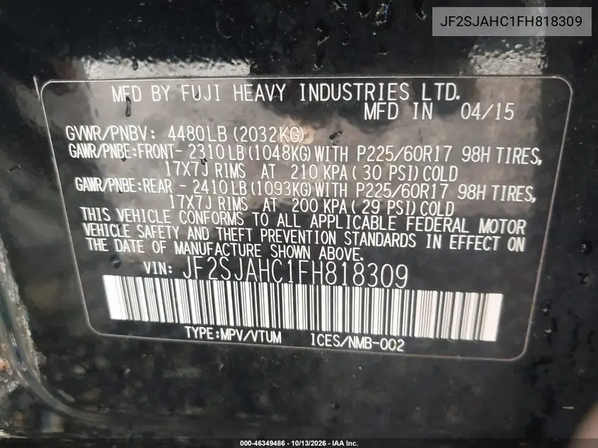 2015 SUBARU FORESTER VIN JF2SJAHC1FH818309 — фото 9