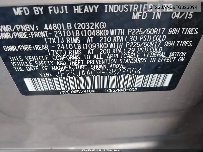 2015 SUBARU FORESTER VIN JF2SJAAC9FG823094 — фото 9
