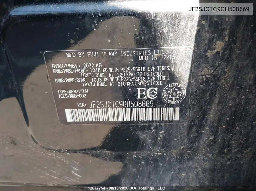 2016 SUBARU FORESTER VIN JF2SJCTC9GH508669 — фото 9
