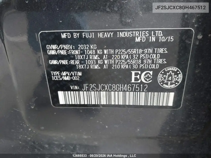 2016 SUBARU FORESTER VIN JF2SJCXC8GH467512 — фото 9