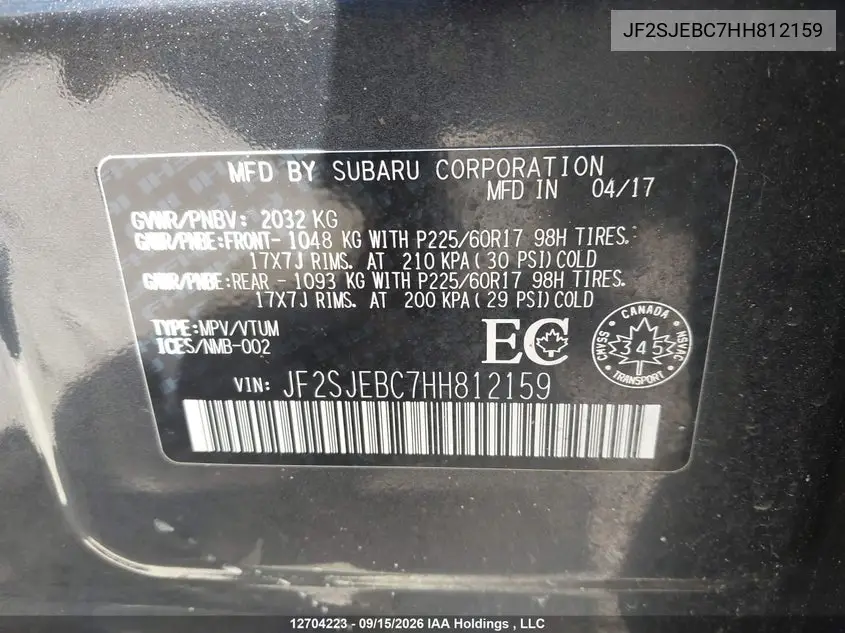 2017 SUBARU FORESTER VIN JF2SJEBC7HH812159 — фото 9