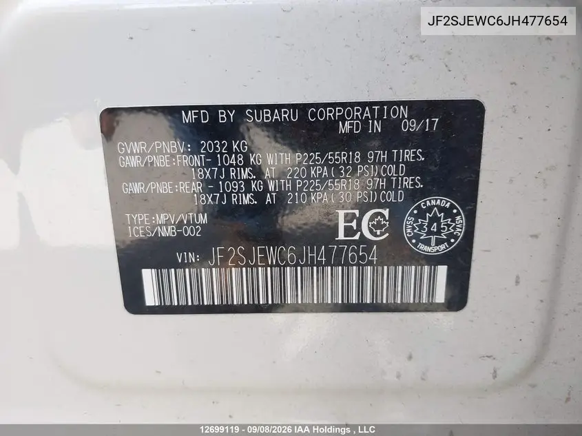 2018 SUBARU FORESTER VIN JF2SJEWC6JH477654 — фото 9
