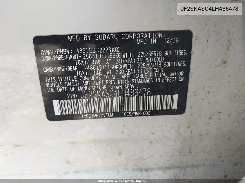 2020 SUBARU FORESTER VIN JF2SKASC4LH486478 — фото 9