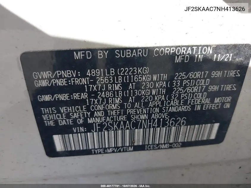2022 SUBARU FORESTER VIN JF2SKAAC7NH413626 — фото 9