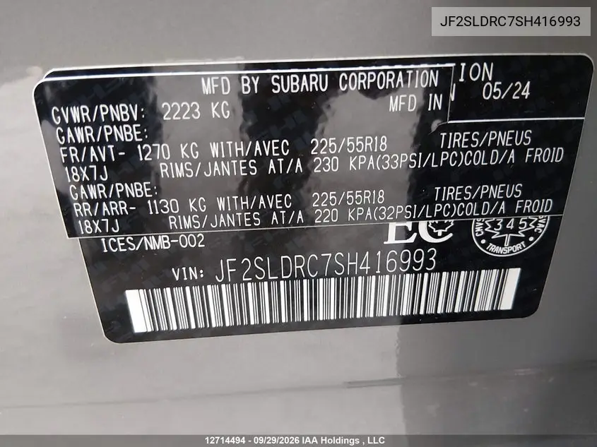 2025 SUBARU FORESTER VIN JF2SLDRC7SH416993 — фото 9