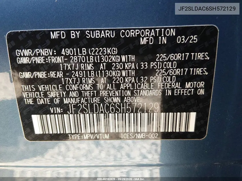 2025 SUBARU FORESTER VIN JF2SLDAC6SH572129 — фото 9