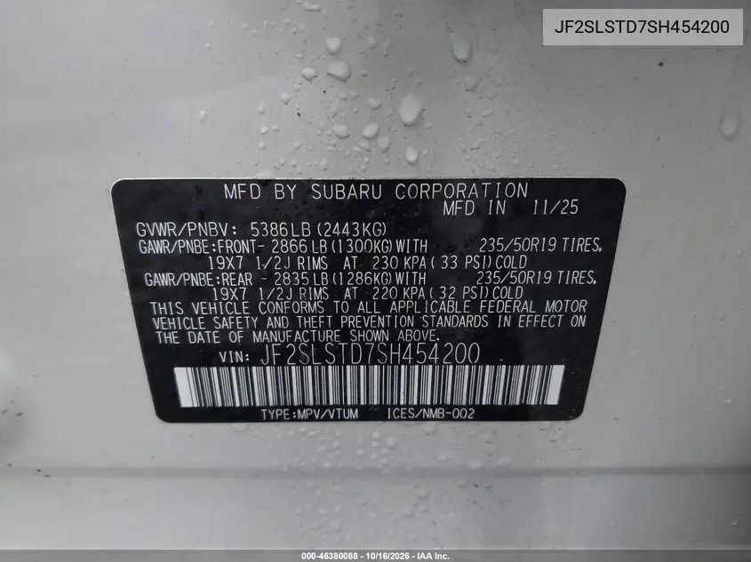 2025 SUBARU FORESTER VIN JF2SLSTD7SH454200 — фото 9
