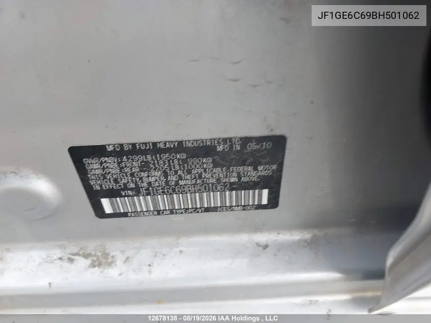 2011 SUBARU IMPREZA VIN JF1GE6C69BH501062 — фото 19