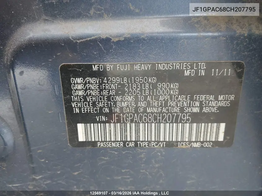 2012 SUBARU IMPREZA VIN JF1GPAC68CH207795 — фото 19