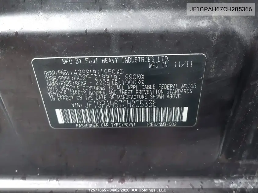 2012 SUBARU IMPREZA VIN JF1GPAH67CH205366 — фото 9