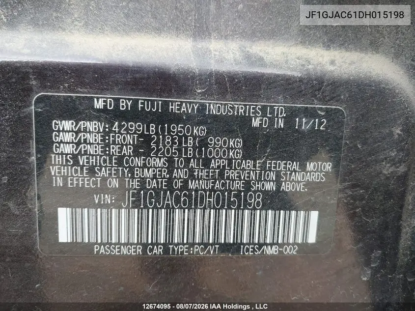 2013 SUBARU IMPREZA VIN JF1GJAC61DH015198 — фото 19