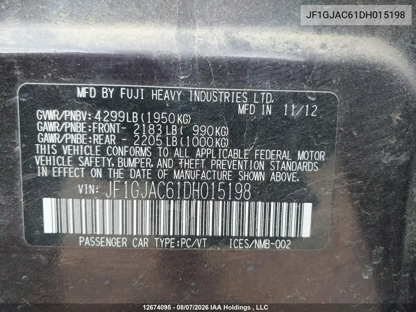 2013 SUBARU IMPREZA VIN JF1GJAC61DH015198 — фото 9