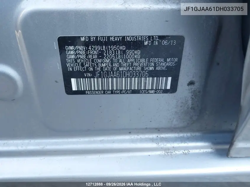2013 SUBARU IMPREZA VIN JF1GJAA61DH033705 — фото 9