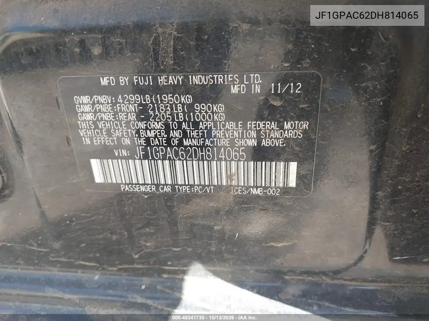 2013 SUBARU IMPREZA VIN JF1GPAC62DH814065 — фото 9