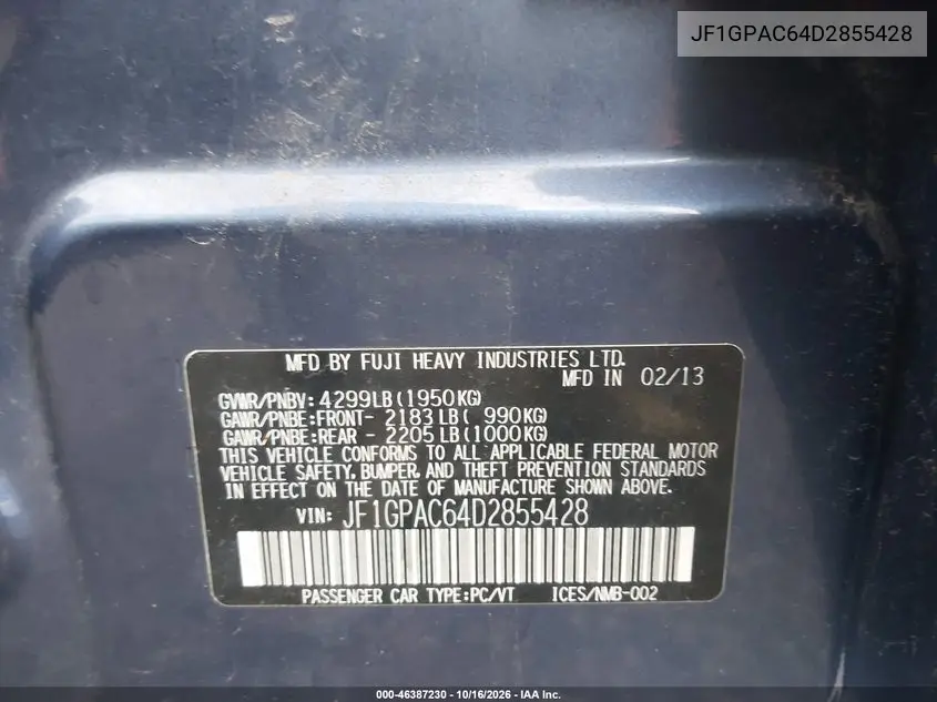2013 SUBARU IMPREZA VIN JF1GPAC64D2855428 — фото 9