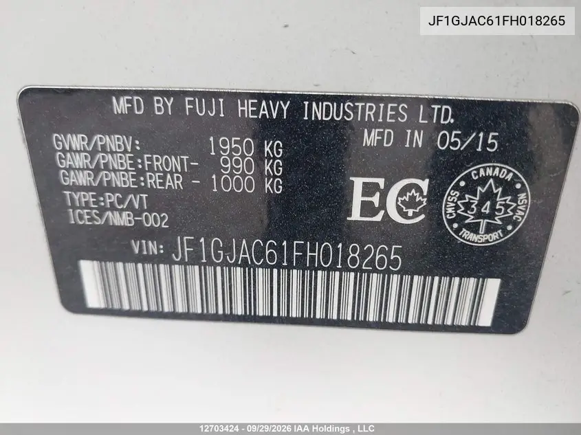 2015 SUBARU IMPREZA VIN JF1GJAC61FH018265 — фото 9