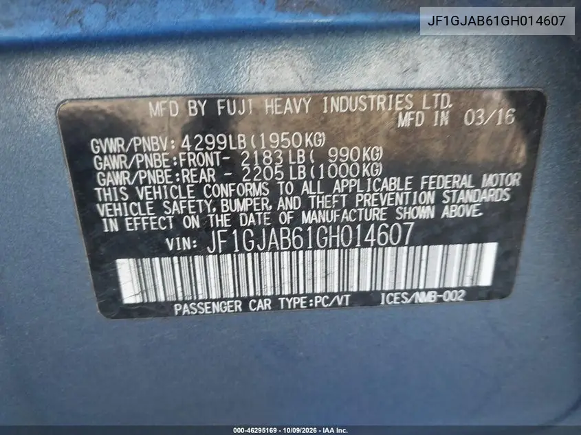 2016 SUBARU IMPREZA VIN JF1GJAB61GH014607 — фото 9