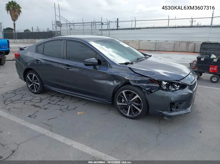 SUBARU IMPREZA 2021, VIN 4S3GKAL6XM3607316