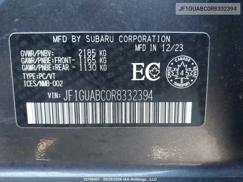 2024 SUBARU IMPREZA VIN JF1GUABC0R8332394 — фото 18