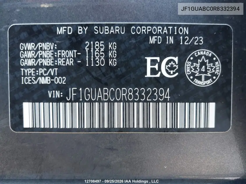 2024 SUBARU IMPREZA VIN JF1GUABC0R8332394 — фото 9