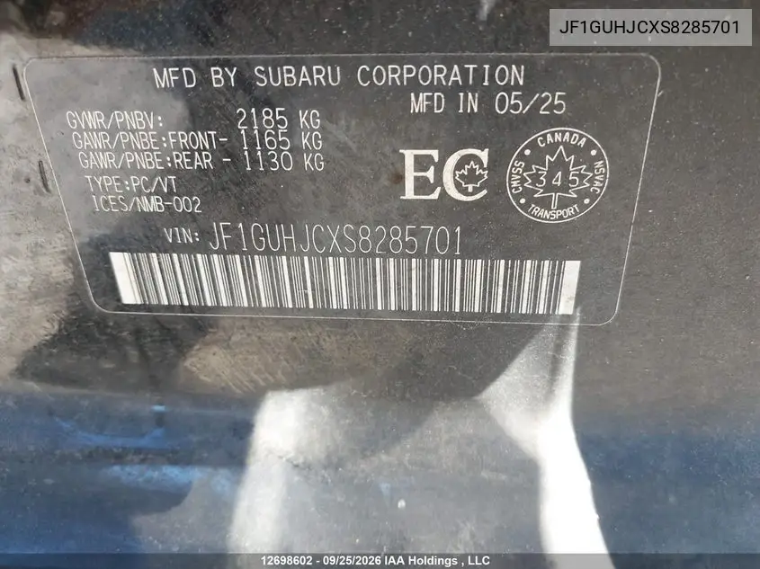 2025 SUBARU IMPREZA VIN JF1GUHJCXS8285701 — фото 9