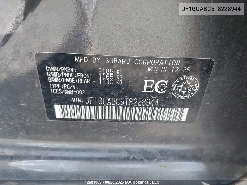 2026 SUBARU IMPREZA VIN JF1GUABC5T8228944 — фото 20