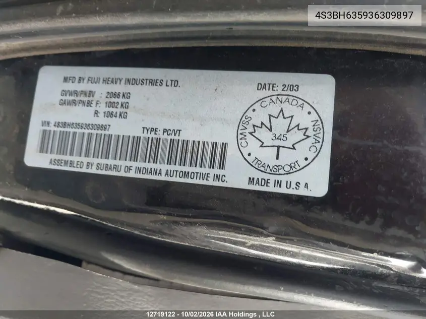 2003 SUBARU LEGACY VIN 4S3BH635936309897 — фото 9