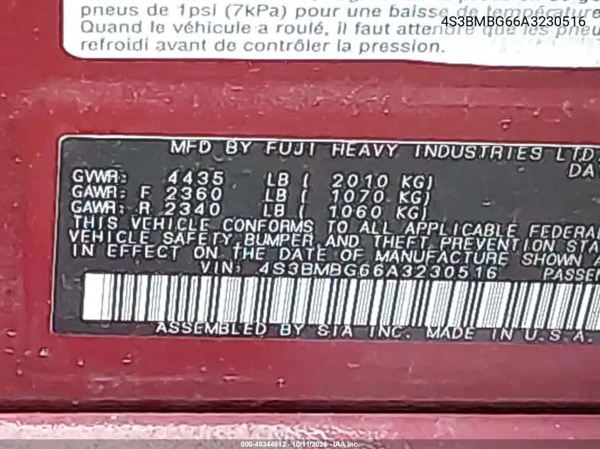 2010 SUBARU LEGACY VIN 4S3BMBG66A3230516 — фото 9