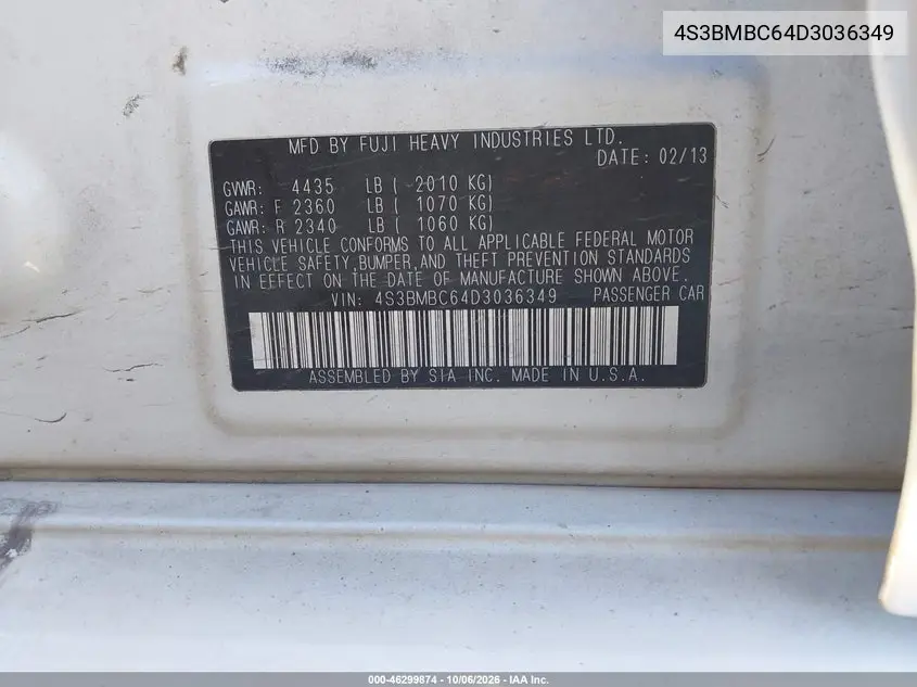 2013 SUBARU LEGACY VIN 4S3BMBC64D3036349 — фото 9