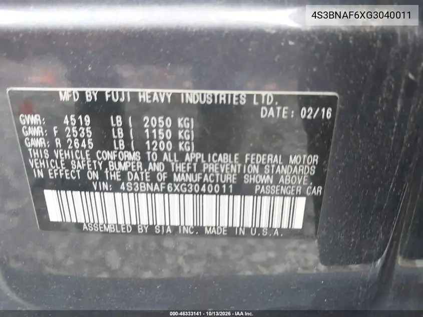 2016 SUBARU LEGACY VIN 4S3BNAF6XG3040011 — фото 9