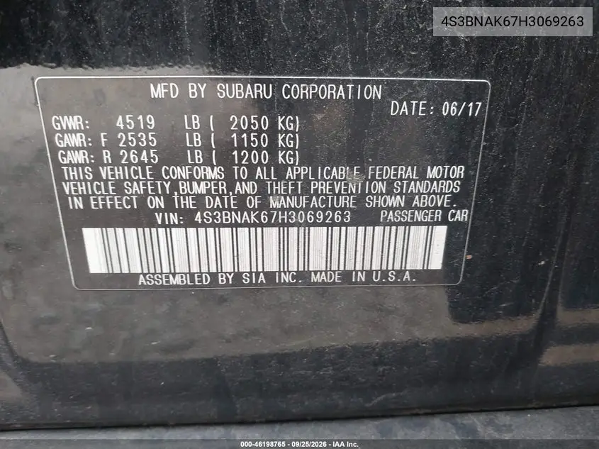 2017 SUBARU LEGACY VIN 4S3BNAK67H3069263 — фото 9