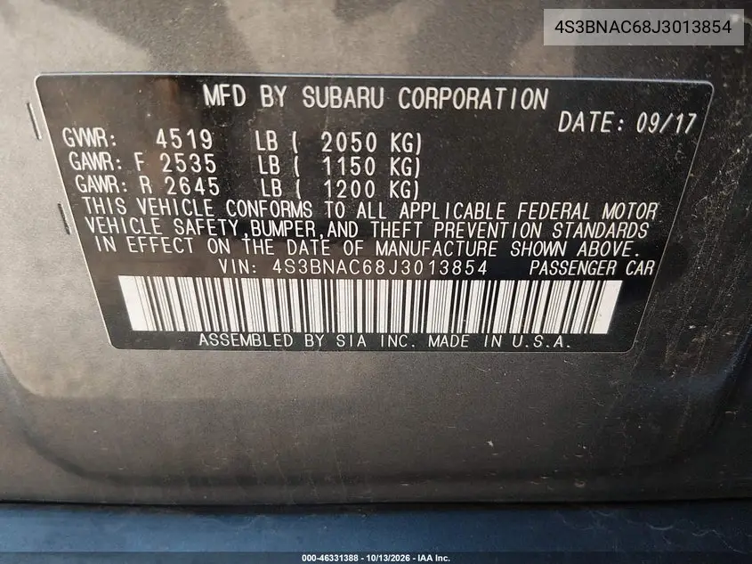 2018 SUBARU LEGACY VIN 4S3BNAC68J3013854 — фото 2