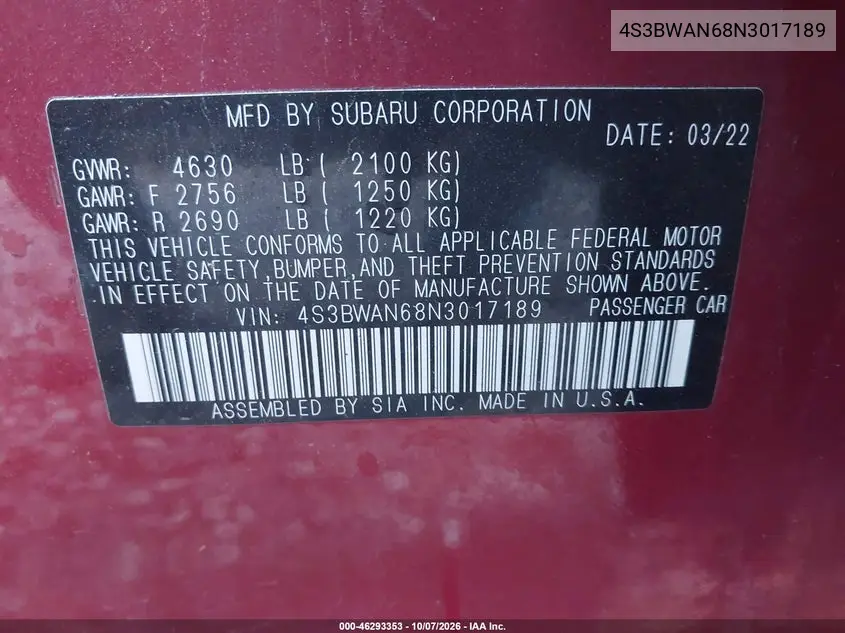 2022 SUBARU LEGACY VIN 4S3BWAN68N3017189 — фото 9