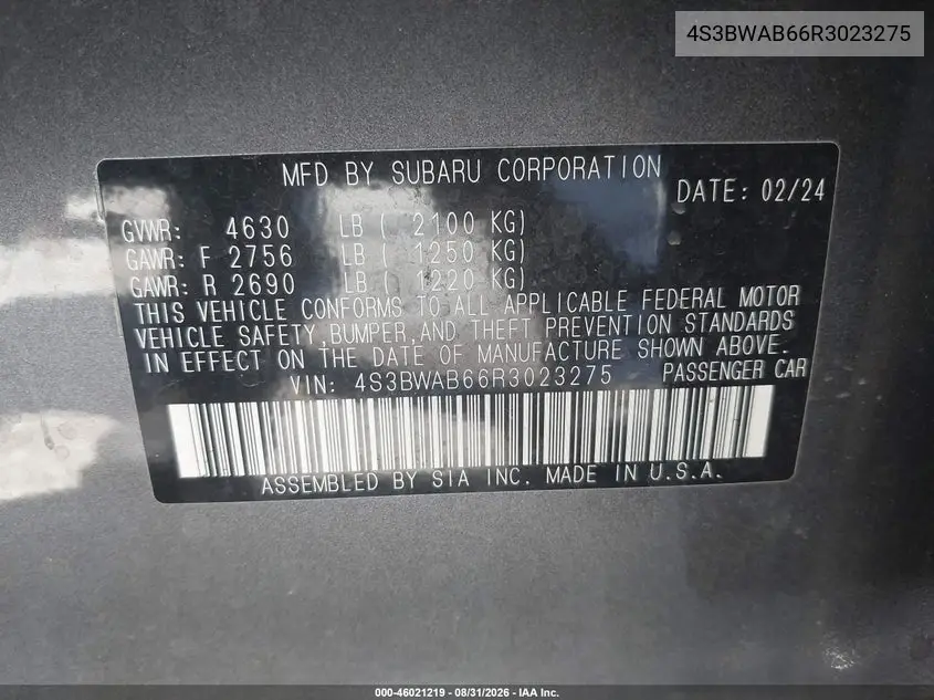 2024 SUBARU LEGACY VIN 4S3BWAB66R3023275 — фото 9