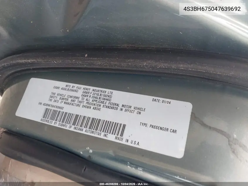 2004 SUBARU OUTBACK VIN 4S3BH675047639692 — фото 9