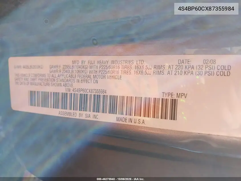 2008 SUBARU OUTBACK VIN 4S4BP60CX87355984 — фото 9