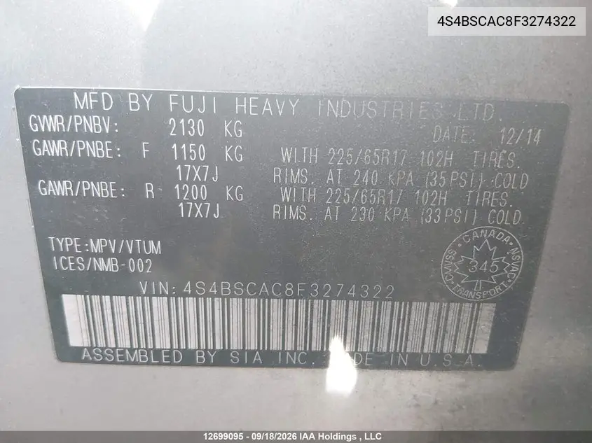2015 SUBARU OUTBACK VIN 4S4BSCAC8F3274322 — фото 9