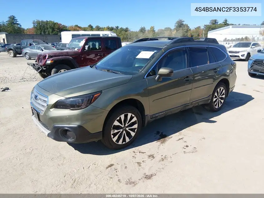 2015 SUBARU OUTBACK VIN 4S4BSANC2F3353774 — фото 2