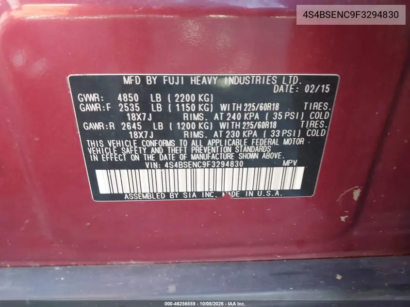 2015 SUBARU OUTBACK VIN 4S4BSENC9F3294830 — фото 9