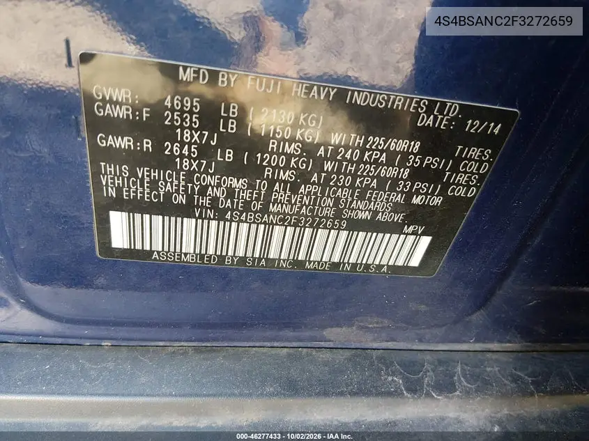 2015 SUBARU OUTBACK VIN 4S4BSANC2F3272659 — фото 9